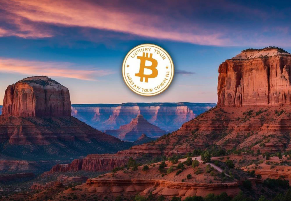 A luxurious Sedona landscape with red rock formations and a luxury tour company logo accepting Bitcoin payments in 2025