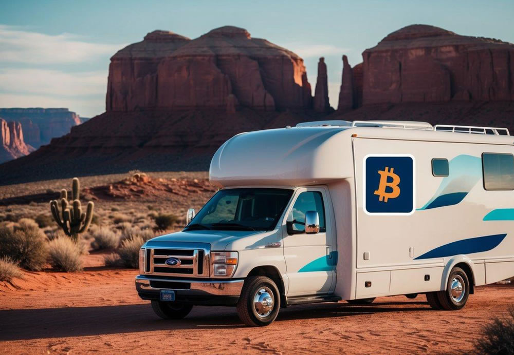 A desert landscape with a luxury tour van parked in front of a red rock formation, with a digital Bitcoin payment logo displayed on a tablet