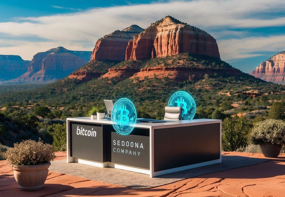 A picturesque Sedona landscape with a luxury tour company office and a digital transaction using Bitcoin in 2025