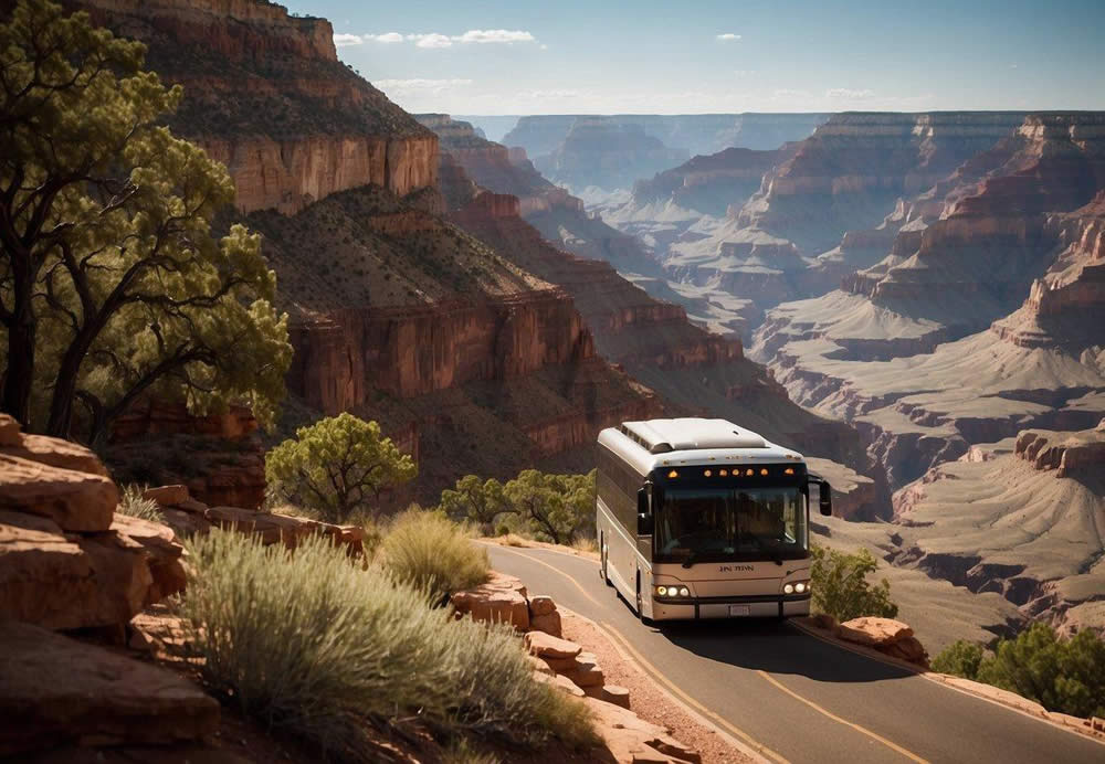 A luxury tour bus winds through the stunning landscape of the Grand Canyon South Rim, with red rock formations and lush greenery in the background