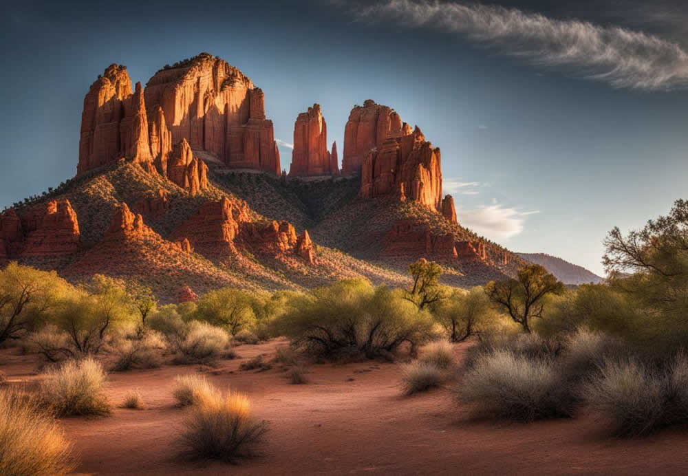 A desert landscape with tall rock formations