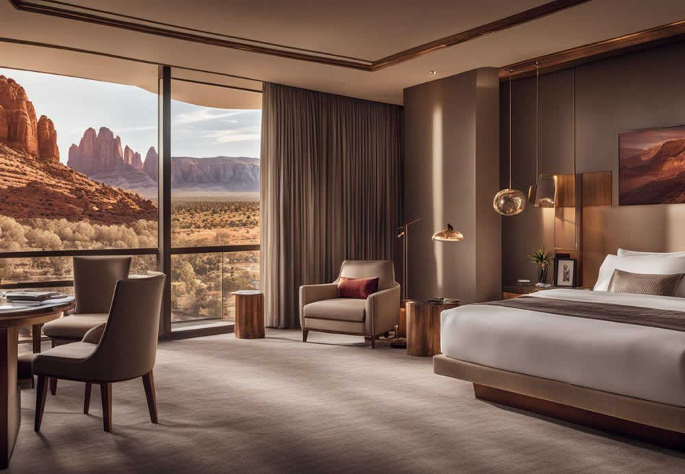 A room with a bed and chairs and a table