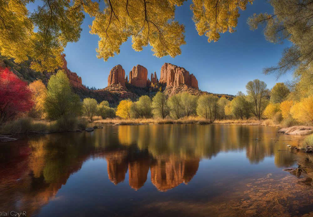 A body of water with a rock formation in the background